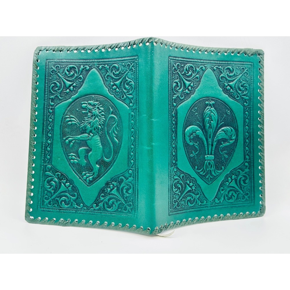 Vintage Hand Tooled Leather Book Cover Teal Lion Fleur-de-Lis Laced Journal Wrap